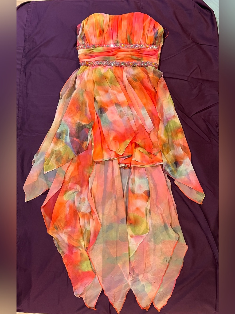 Morgan & Co. Multi-Color Watercolor High-Low Prom Dress (Orange, Green, Pink)